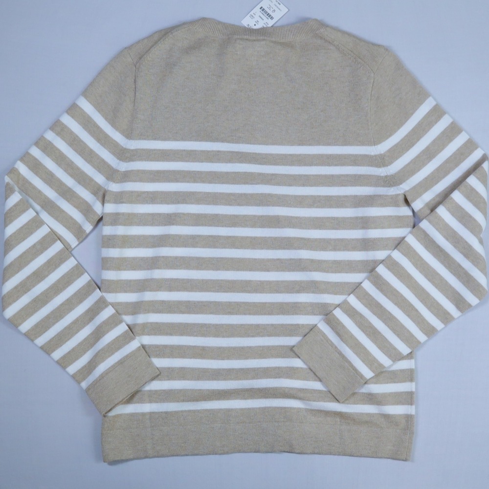 J.Crew Teddie Sweater Womens Large Tan White Striped Cotton Crewneck Coastal NWT - Picture 2 of 12